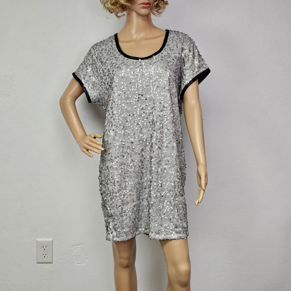 Victoria's Secret Dress Sequin Silver Faux Leather Trim Sz M New Years Sparkle